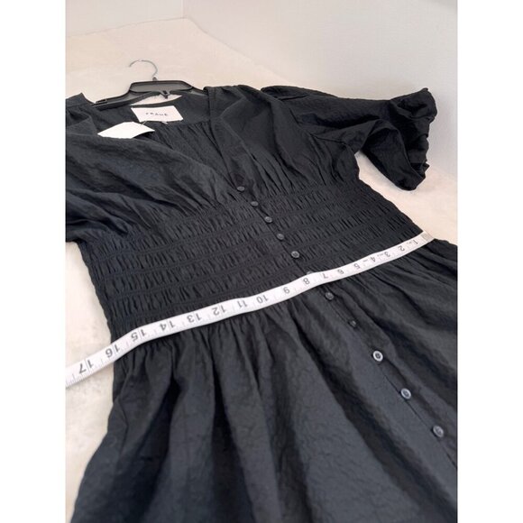 New Frame Women's Size XL Black Smocked Button-Down Dress Short Puff Sleeves - Picture 5 of 14